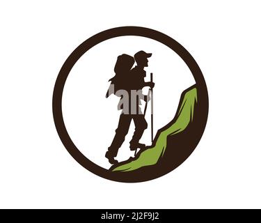 Hiker arrampica una montagna in un disegno circolare del vettore Illustrazione Vettoriale