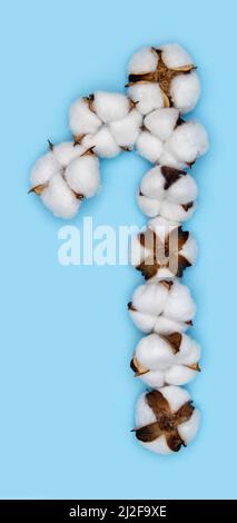 Numero 1 fatto di fiori di cotone e isolato su fondo blu massiccio. Concetto di numeri floreali. Un numero del set di caratteri in cotone facile da impilare. Foto Stock