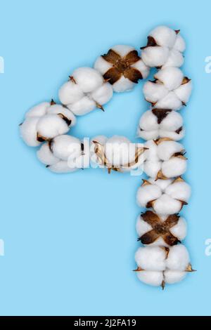 Numero 4 fatto di fiori di cotone e isolato su fondo blu massiccio. Concetto di numeri floreali. Un numero del set di caratteri in cotone facile da impilare. Foto Stock