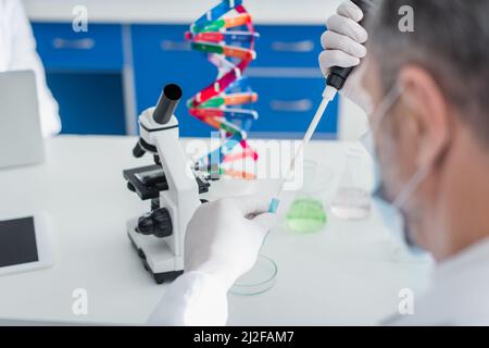 genetista sfocato in maschera medica che lavora con micropipetta vicino al microscopio e modello di dna, immagine stock Foto Stock