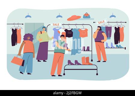 Donne felici che scelgono i vestiti nell'illustrazione piatta del vettore del deposito. Fumetti consumatori di sesso femminile che guardano i vestiti sulle grucce. Retail, negozio di moda e shoppe Illustrazione Vettoriale