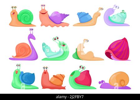 Cartoon set di coloratissimi caratteri lumache illustrazione vettoriale. Carino lumache slimy, dormire e sorridente serpente con shelly casa sulle spalle. Animale, nat Illustrazione Vettoriale