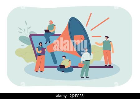 Cartoon minuscoli manager con altoparlante gigante e laptop. Illustrazione vettoriale piatta. Giovani che fanno affari e marketing, attirando clienti, pr Illustrazione Vettoriale
