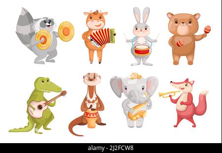 Creative cute animali che suonano strumenti musicali set per il web design. Cartoon bundle di animali con chitarra, sax, drum isolato vettore illustrazione coll Illustrazione Vettoriale