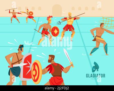 Sfondo colorato con gladiatori che combattono nel Colosseo. Antichi guerrieri spartani armati in battaglia. Gladiatori, scherma club, competizione conce Illustrazione Vettoriale