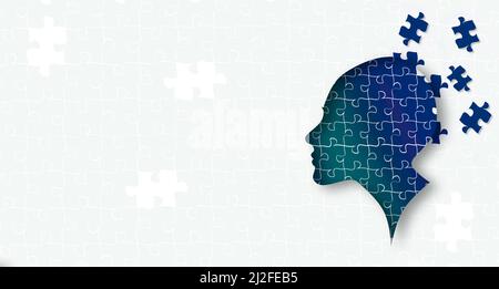 Ritagliare la silhouette di una testa umana contenente cervello fatto da pezzi di puzzle, rivelando concetto di pensiero Foto Stock