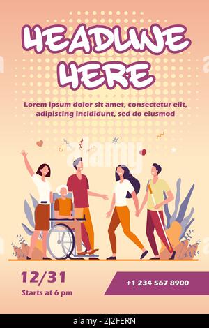 Aiuto e diversità delle persone disabili. Persone portatrici di handicap con canna e in sedia a rotelle incontrate con amici o volontari. Illustrazione vettoriale per disabil Illustrazione Vettoriale