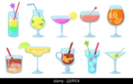 Set di immagini piatte per cocktail alcolici creativi e popolari. Cartoon gin, martini, gluehwein, succo, pina colada in occhiali isolati illustrazioni vettoriali. Dr Illustrazione Vettoriale