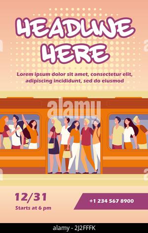 Folla di persone felici che viaggiano in treno della metropolitana. I passeggeri in piedi in un'auto della metropolitana sovraffollata alla stazione. Illustrazione cartoon per sovrappopolazione, r Illustrazione Vettoriale