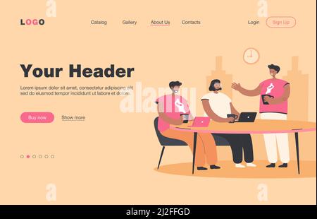 I dipendenti si sfidano durante la pausa caffè. Le persone in ufficio si incontrano al tavolo con bevande calde e computer portatili e parlano. Illustrazione vettoriale del lavoro di squadra, Illustrazione Vettoriale