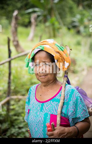 Ritratto di una donna anziana con la tradizionale copertura della testa sull'isola di Sulawesi, Indonesia. Foto Stock