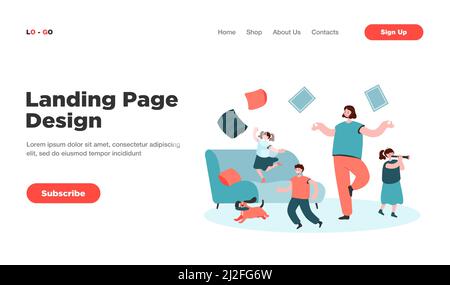 Madre meditating mentre bambini naughty che generano il caos a casa. Bambini maliziosi che corrono in camera, mamma che cerca di mantenere la calma. Illustrazione del vettore cartoon Illustrazione Vettoriale