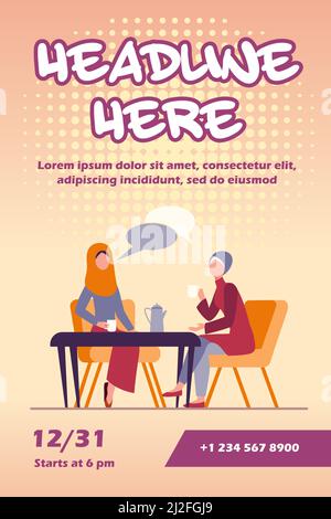 Le donne musulmane si incontrano nella caffetteria araba. Le amiche che indossano hijab bere caffè piatto illustrazione vettoriale. Amicizia, comunicazione concetto f Illustrazione Vettoriale