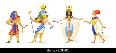 Gli eroi miti egiziani si sono stabiliti. Faraone, god Ra, Cleopatra personaggi isolati su bianco. Illustrazioni vettoriali per la cultura, la mitologia, l'istore dell'antico Egitto Illustrazione Vettoriale