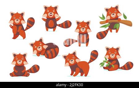 Divertente rosso panda immagini piatte set per il web design. Cartoon carino cinese orso carattere in diverse pose isolate illustrazioni vettoriali. Animali della foresta Illustrazione Vettoriale