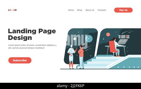 Abitacolo futuristico con equipaggio umano e robotico. Persone e robot che monitorano la galassia. Per ponte interstellare di astronave, fantascienza Illustrazione Vettoriale