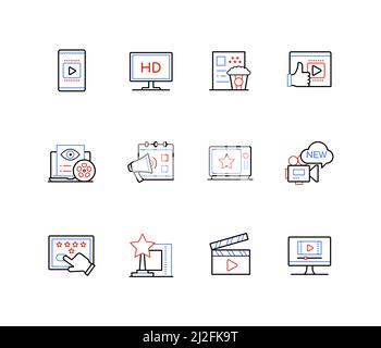 Industria cinematografica e classificazione dei film - icone di stile del design della linea Illustrazione Vettoriale