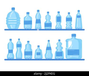 Raccolta di bottiglie in plastica. Contenitori trasparenti di diverse dimensioni, litri per il riciclaggio, isolati su bianco. Illustrazioni vettoriali per acqua pura Illustrazione Vettoriale