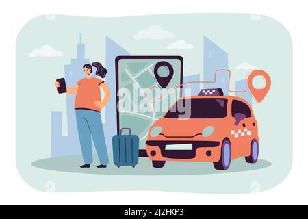 Persona che ordina il taxi per l'aeroporto online. Grande schermo con percorso sulla mappa della città, taxi auto, passeggero con bagagli. Illustrazione vettoriale per viaggi, trasporti Illustrazione Vettoriale