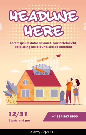 Felice coppia investendo i soldi nell'illustrazione piatta del vettore della proprietà. Cartoni animati che prendono credito bancario e casa di acquisto. Prestito ipotecario e proprietà Illustrazione Vettoriale