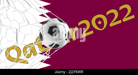 Qatar football 2022. Coppa del mondo 2022. Banner sul tema del mondo 2022. Design con spazio. Bandiera del Qatar. Foto Stock