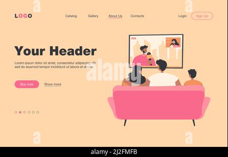 Felice famiglia con bambino seduto sul divano e guardando notizie isolato piatto vettore illustrazione. Vista posteriore di cartoni animati su pullman in soggiorno. TV Sho Illustrazione Vettoriale