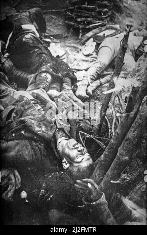 Cadaveri / cadaveri di soldati uccisi della prima guerra mondiale sul campo di battaglia dopo un attacco di gas a Langemarck, Fiandre Occidentali, Belgio nel 1915 durante la prima guerra mondiale Foto Stock