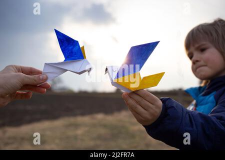 2 colombe di carta di pace, le ali sono dipinte in giallo - blu di bandiera Ucraina sullo sfondo del cielo del tramonto. Sostenere gli ucraini. Bambini per Foto Stock