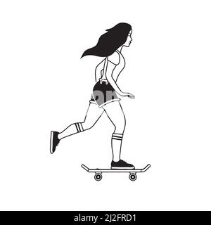 Vettore piatto nero contorno ragazza donna a cavallo di uno skateboard isolato su sfondo bianco Illustrazione Vettoriale