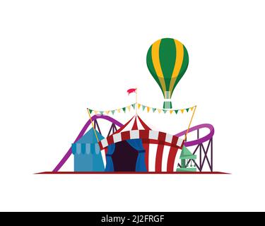 Fiera del divertimento con Circus Tent, ruota panoramica e Roller Coaster Arena Vector Illustrazione Vettoriale