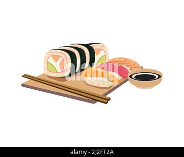 Sushi dettagliato il cibo giapponese con Chopsticks Illustrazione Vector Illustrazione Vettoriale