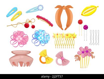 Accessori per capelli eleganti, set di illustrazioni piatto. Cartoon diverse fasce di testa, clip di plastica e cerchi con fiori isolato vettore illustrazione collec Illustrazione Vettoriale