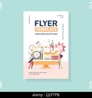 Minuscoli analisti che lavorano con dati su dashboard isolato flat vettoriale illustrazione. Cartoon lavoratori ufficio che studiano strategia di ricerca. Analisi dei dati e m Illustrazione Vettoriale