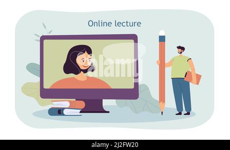 Uomo minuscolo con matita gigante che guarda la lezione online. Personaggio cartoon che guarda l'insegnante su schermo piatto illustrazione vettoriale. Concetto di formazione online Illustrazione Vettoriale