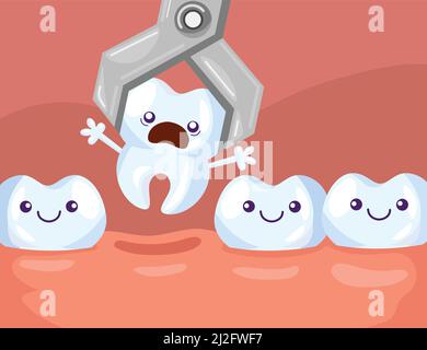 Illustrazione vettoriale del fumetto di rimozione dei denti. Pinzette dentali che tirano il dente sorpreso fuori dalla fila di denti sani felici su sfondo rosa. Cura dentale, h Illustrazione Vettoriale