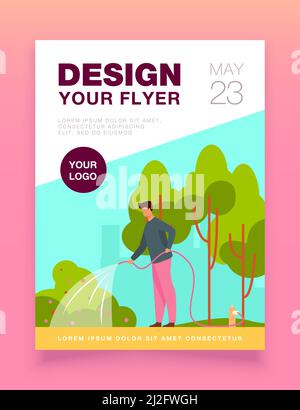 Uomo con tubo annaffiatoio nel parco cittadino. Giardiniere, lavoratore di stato, illustrazione di vettore piatto di servizio comunale. Ambiente urbano, architettura paesaggistica Illustrazione Vettoriale