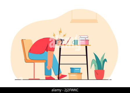 Uomo stanco che dorme sulla tastiera del computer portatile immagine vettoriale piatta. Cartone animato esaurito personaggio maschile sul lavoro. Sindrome da burnout professionale, stanchezza e. Illustrazione Vettoriale