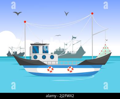 Trawler vela in luce del giorno cartoon illustrazione. Imbarcazione da pesca commerciale sull'acqua, sagome di navi sullo sfondo, uccelli che volano in cielo. Vintage s Illustrazione Vettoriale