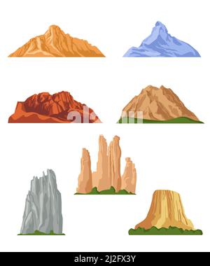 Collezione di immagini piatte di varie montagne. Cartoni animati colline rocciose, rocce e cime di montagna isolate illustrazioni vettoriali. Elementi di progettazione paesaggistica e. Illustrazione Vettoriale