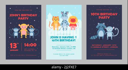 Gli inviti di compleanno degli animali selvatici impostano l'illustrazione vettoriale dei cartoni animati. Simpatico modello di bestie per la festa di compleanno. Lion, panda, scimmia, giraffe personaggi in Illustrazione Vettoriale
