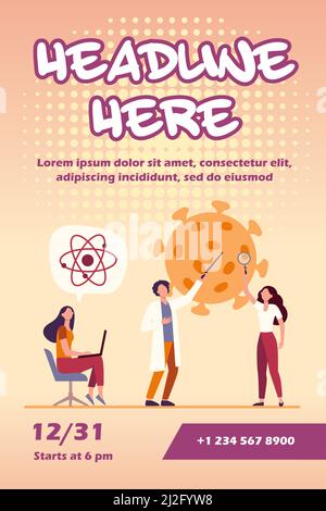 Scienziati che studiano il coronavirus. Team di esperti che fanno la ricerca medica flat vettoriale illustrazione. Virus, pandemia, concetto scientifico per banner, sito web Illustrazione Vettoriale