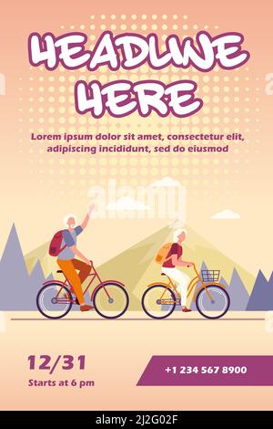 Bici da equitazione senior per coppie all'aperto. Vecchio uomo e donna in bicicletta in montagna piatta vettore illustrazione. Stile di vita attivo, tempo libero, concetto di attività per Illustrazione Vettoriale