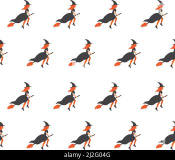 Vettore senza cuciture pattern di cartoon piatto witch scopa volante isolato su sfondo bianco. Illustrazione di Halloween Illustrazione Vettoriale
