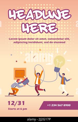 Le persone più piccole che si trasformano nella lampadina. Idea, lampada, elettricità flat vettoriale illustrazione. Concetto di brainstorming e creatività per banner, sito web de Illustrazione Vettoriale