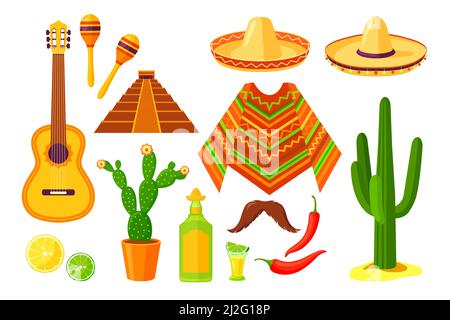 Set di cartoni animati messicani simboli tradizionali. Illustrazione vettoriale piatta. Collezione colorata di cactus, sombrero, maracas, chitarra, poncho, maracas, pepe Illustrazione Vettoriale