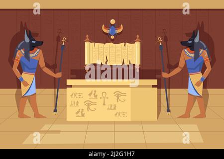 Due divinità di Anubis con canne a piedi della caviglia accanto al caso mummy. Illustrazione vettoriale cartoon. Divinità egiziane nell'interno del tempio antico, simboli e hier Illustrazione Vettoriale