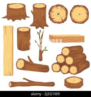 Varietà di tronchi di legno e tronchi immagini piatte set per web design. Cartoon legno lumber, assi e rami isolato vettore illustrazione collezione. Illustrazione Vettoriale