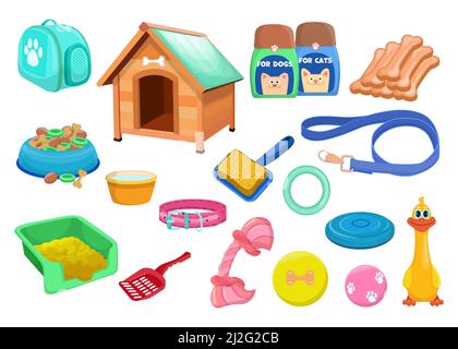 Accessori trendy vari per gatti e cani set piatto per web design. Giocattoli per animali da compagnia cartoon, ciotole, colletto e pennello isolato vettore illustrazione coll Illustrazione Vettoriale