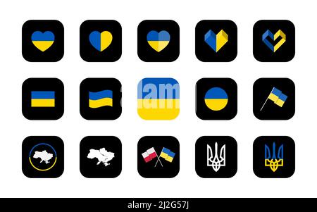 Simboli dell'Ucraina in varie forme e idee. Una serie di icone da utilizzare nelle applicazioni di vari gadget. Stile minimalista e piatto. Illustrazione Vettoriale