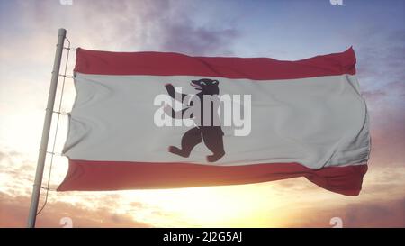 Bandiera di Berlino, Germania, ondeggiante nel vento, cielo e sfondo del sole. 3d illustrazione Foto Stock
